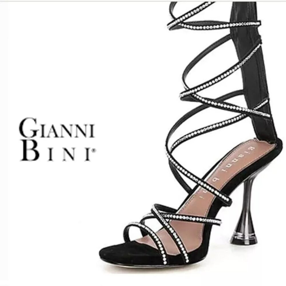 Gianni Bini Sz 7.5M Zaxton Sandals Tall Rhinestone Strap Lucite Heels NEW